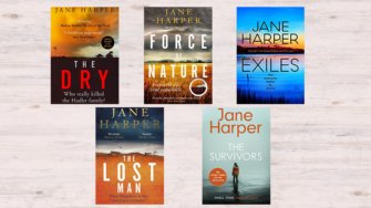 Pictures shows the five jane harper books in order. Five book covers showing: The Dry, Force of Nature, Exiles, The Lost Man and The Survivors.